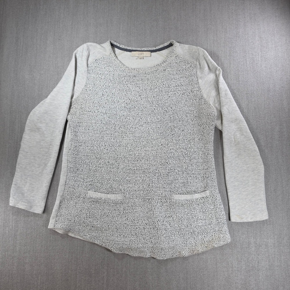 LOFT Sweater Top‎ Womens Large Grey Mixed Media Textured Knit Long Sleeve